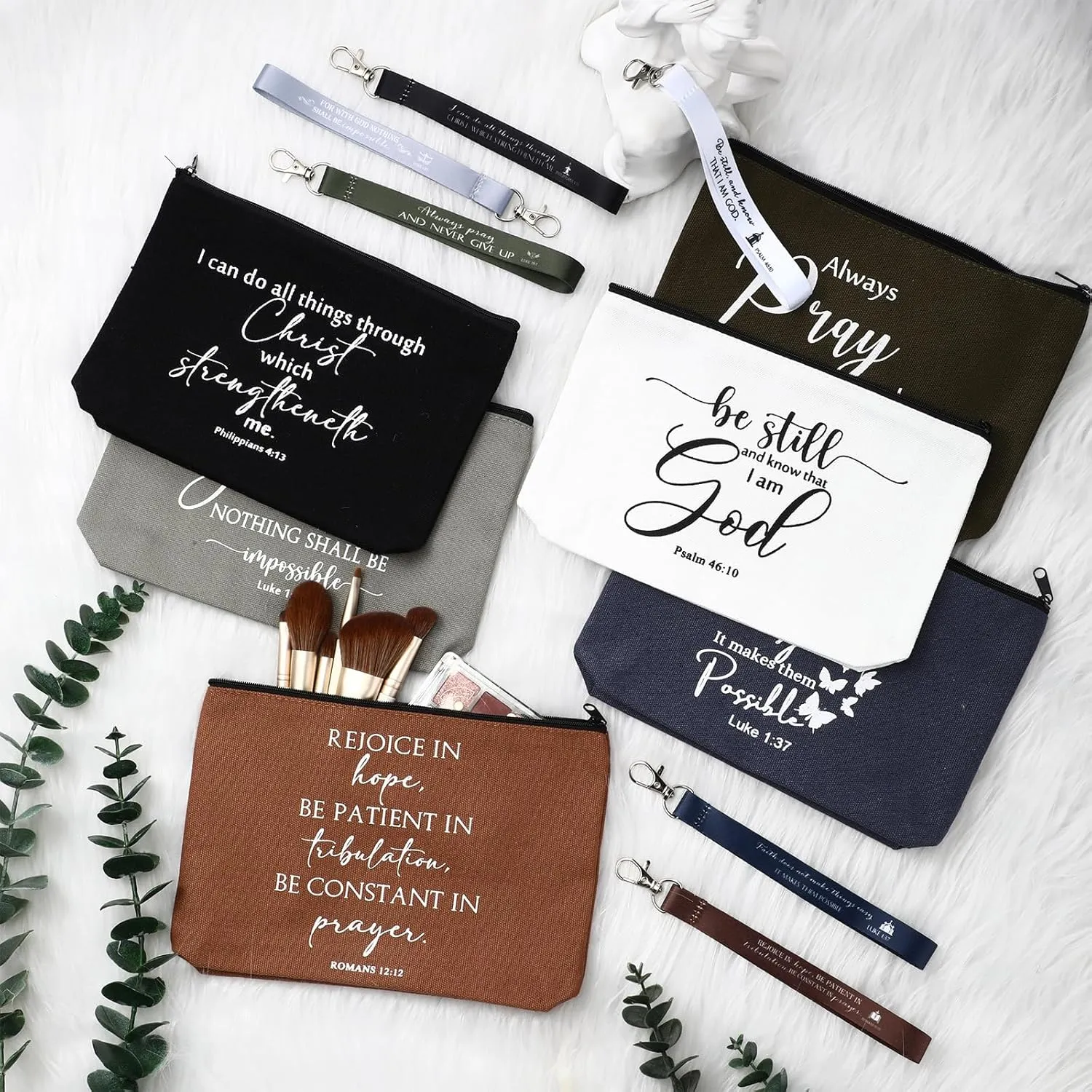 12 Pcs Fathers Day Christian Gift Bulk Religious Makeup Bag Bible Verse Lanyard Keychain for Women Men Church Nurse(Neutral Colors,Inspirational Words)