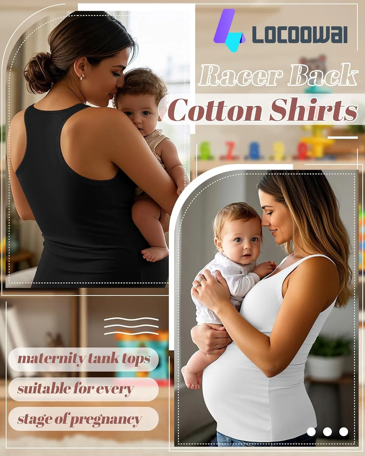 3 Pack Maternity Tank Tops Pregnancy Sleeveless Yoga Workout Cotton Shirts Scoop Neck Racer Back Athletic Tees