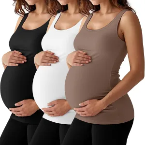 3 Pack Maternity Tank Tops Pregnancy Sleeveless Yoga Workout Cotton Shirts Scoop Neck Racer Back Athletic Tees
