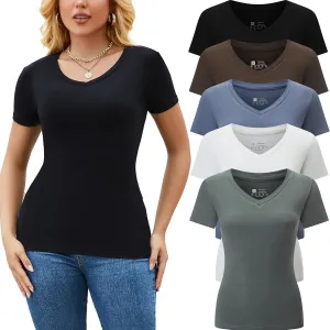 5 Pack Womens T Shirts Short Sleeve Basic Tees V Neck Fashion Tops Slim Fit Casual Summer Outfits Clothes 2025