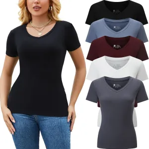 5 Pack Womens T Shirts Short Sleeve Basic Tees V Neck Fashion Tops Slim Fit Casual Summer Outfits Clothes 2025