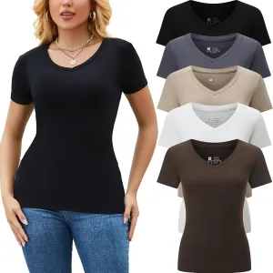 5 Pack Womens T Shirts Short Sleeve Basic Tees V Neck Fashion Tops Slim Fit Casual Summer Outfits Clothes 2025