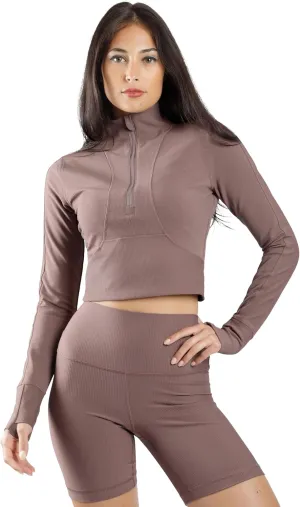 90 Degree By Reflex Womens Interlink Ribbed Half Zip Long Sleeve Crop Top Jacket