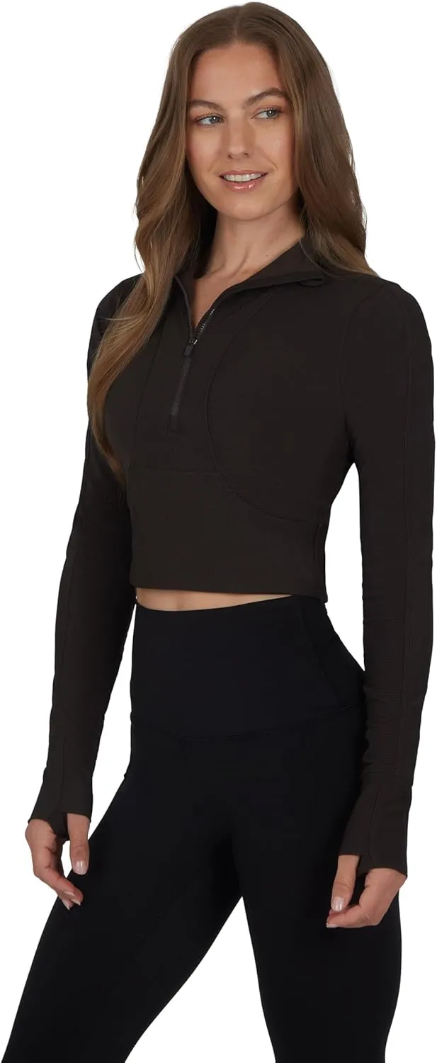 90 Degree By Reflex Womens Interlink Ribbed Half Zip Long Sleeve Crop Top Jacket
