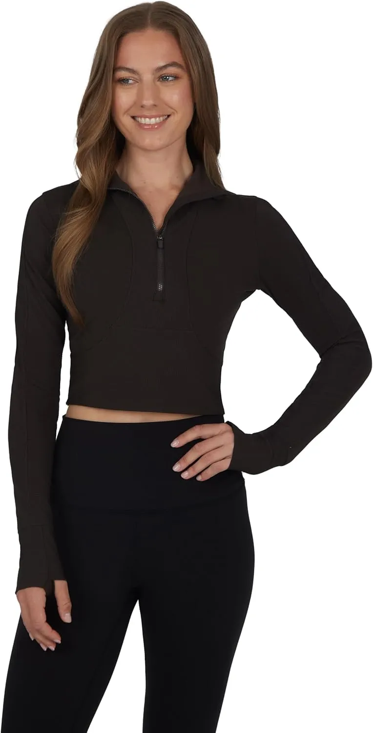 90 Degree By Reflex Womens Interlink Ribbed Half Zip Long Sleeve Crop Top Jacket