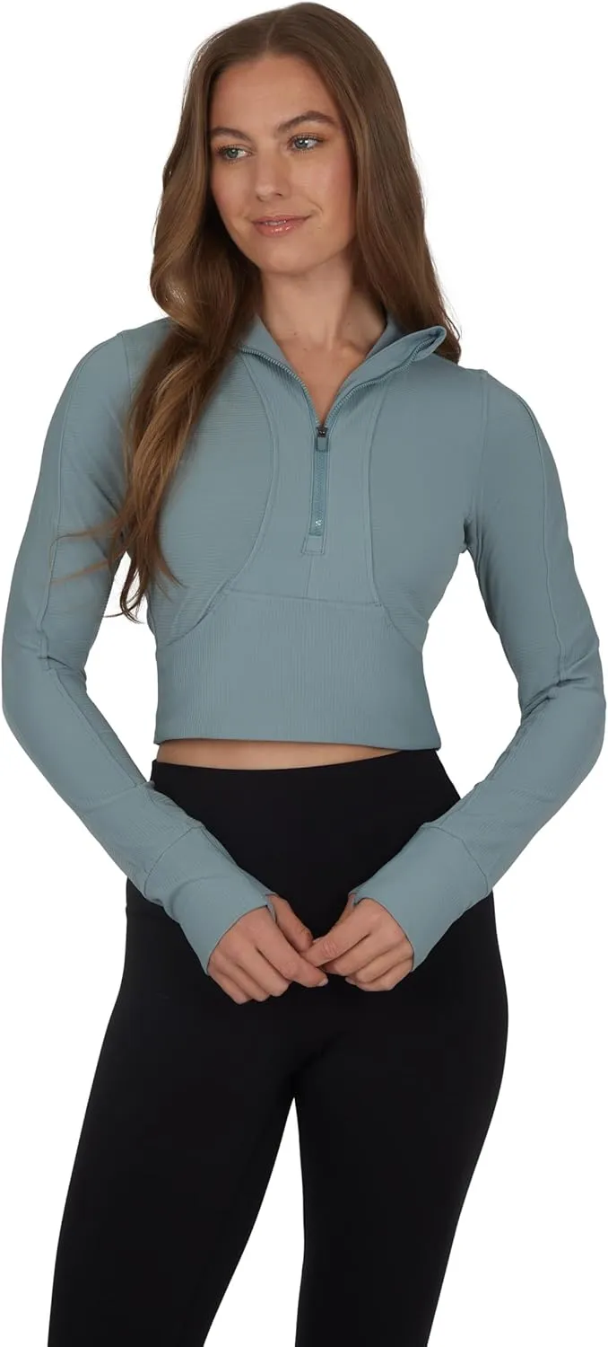 90 Degree By Reflex Womens Interlink Ribbed Half Zip Long Sleeve Crop Top Jacket