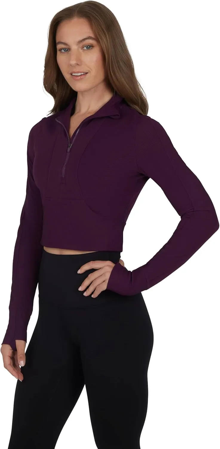 90 Degree By Reflex Womens Interlink Ribbed Half Zip Long Sleeve Crop Top Jacket