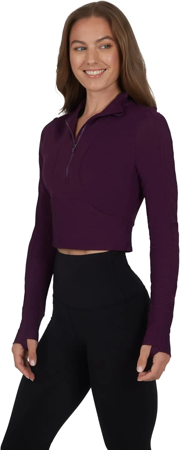 90 Degree By Reflex Womens Interlink Ribbed Half Zip Long Sleeve Crop Top Jacket