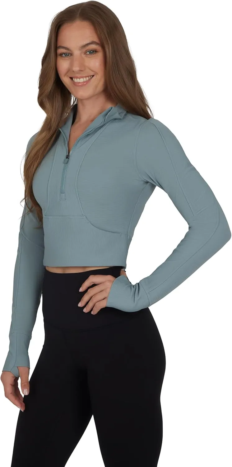 90 Degree By Reflex Womens Interlink Ribbed Half Zip Long Sleeve Crop Top Jacket