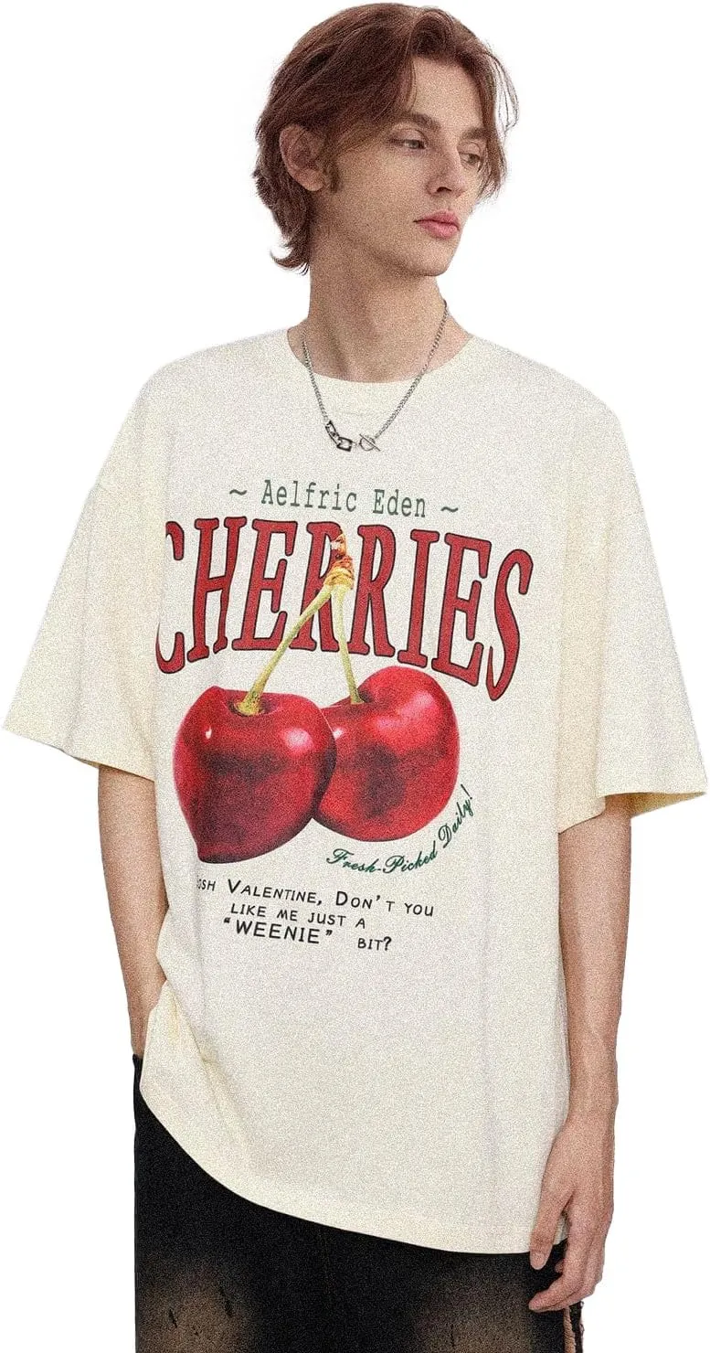 Aelfric Eden Oversized Graphic Tees Unisex Cherries Print T Shirts Casual Summer Short Sleeve Top Cotton Cute Tee Shirt