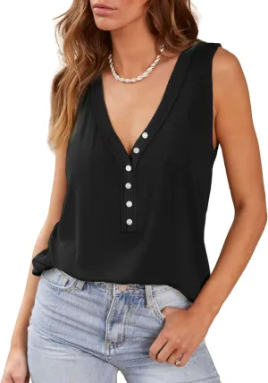 ARTFREE Womens Low Cut Henley Tank Tops Summer Deep V Neck Sleeveless Shirts Loose Fit Casual Button Up Tees