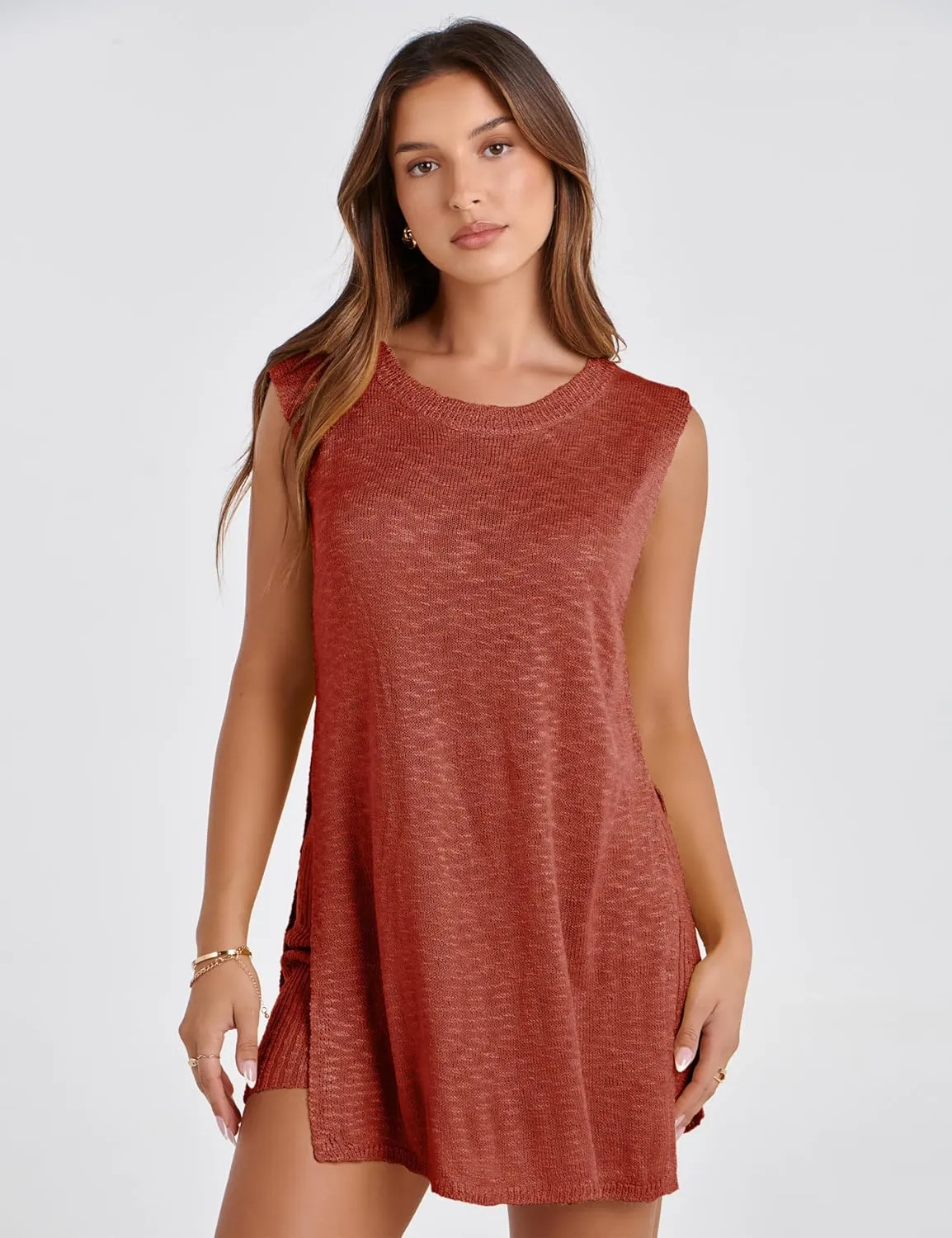 Bianstore Women's Summer Sweater Set Sleeveless Knit Pullover Top Matching Shorts 2 Piece Beach Vacation Outfits