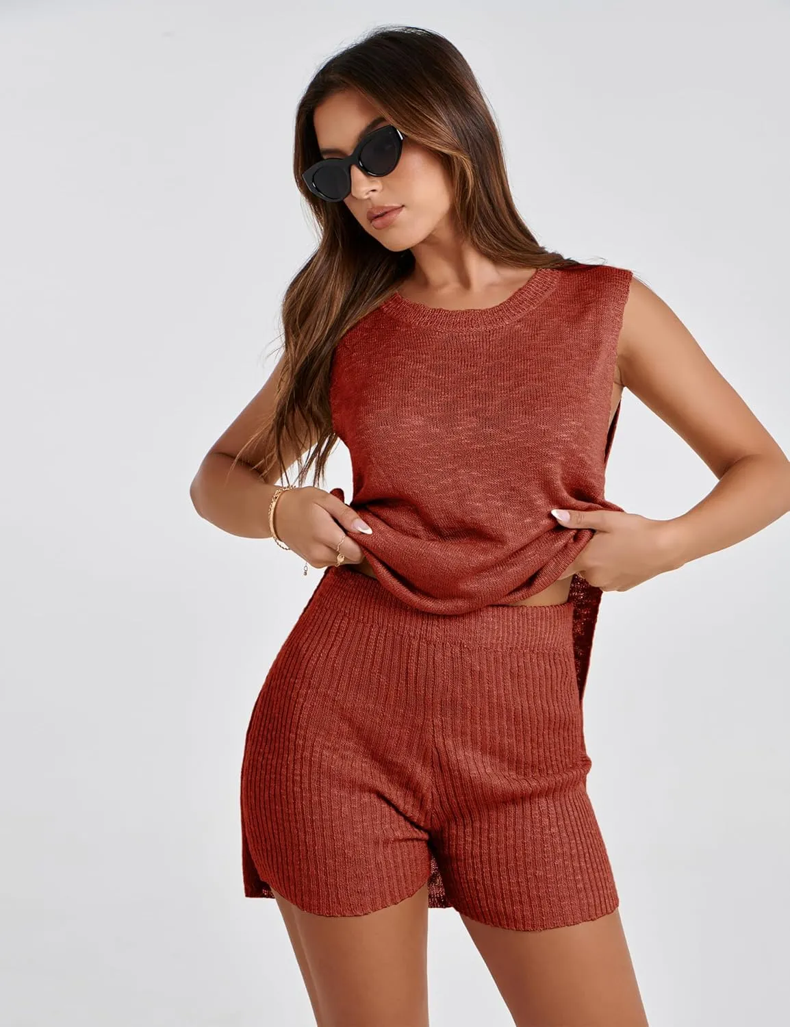 Bianstore Women's Summer Sweater Set Sleeveless Knit Pullover Top Matching Shorts 2 Piece Beach Vacation Outfits