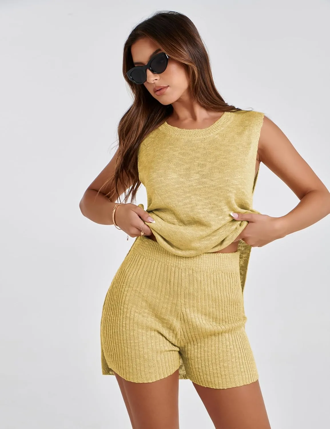 Bianstore Women's Summer Sweater Set Sleeveless Knit Pullover Top Matching Shorts 2 Piece Beach Vacation Outfits