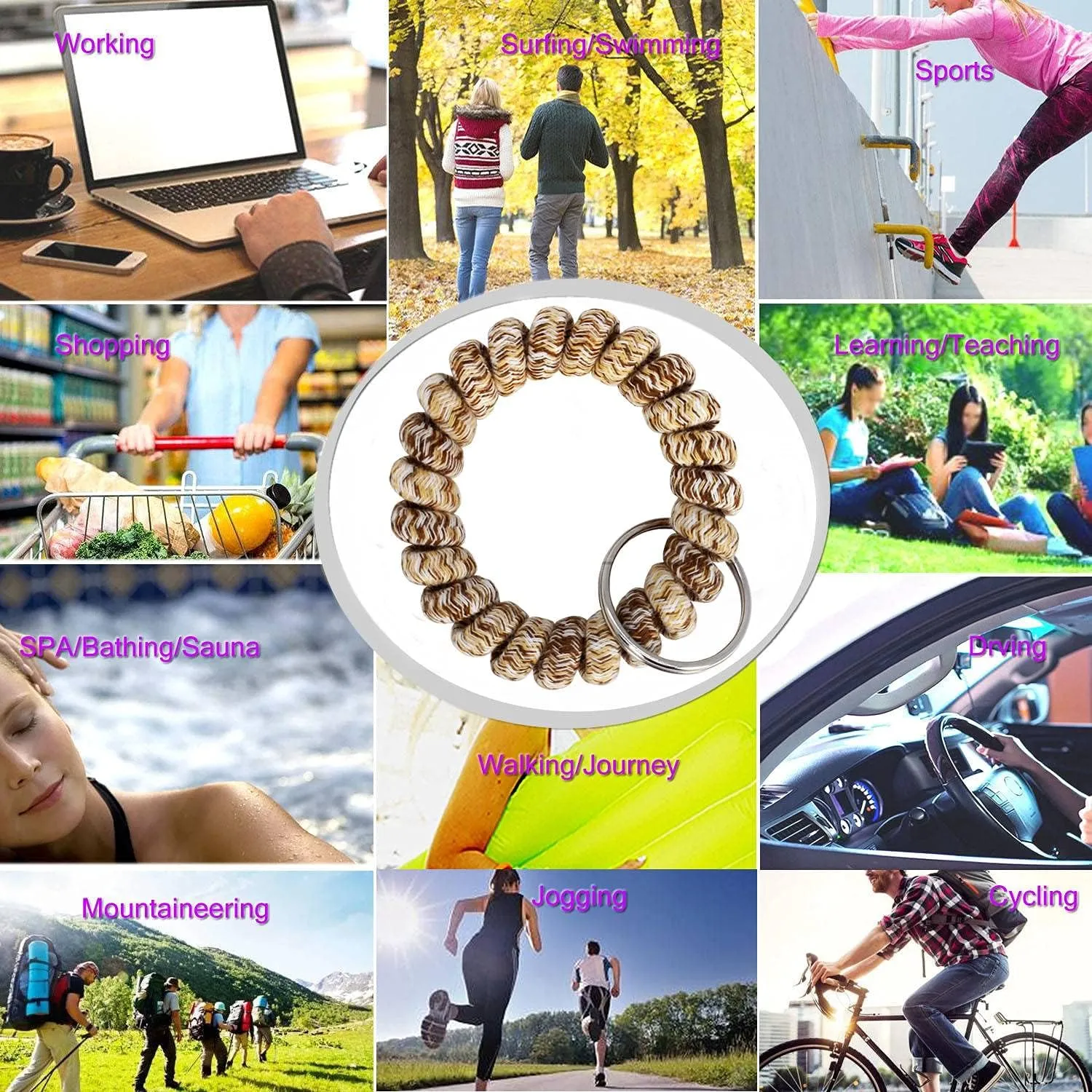 BIHRTC Pack of 6 Keychain Bracelet Wristlet Wrist Key Chain Holder Spring Wristband Flexible Spiral Wrist Coil Spring Stretchable Spiral Key Rings for Gym Pool ID Badge Sports