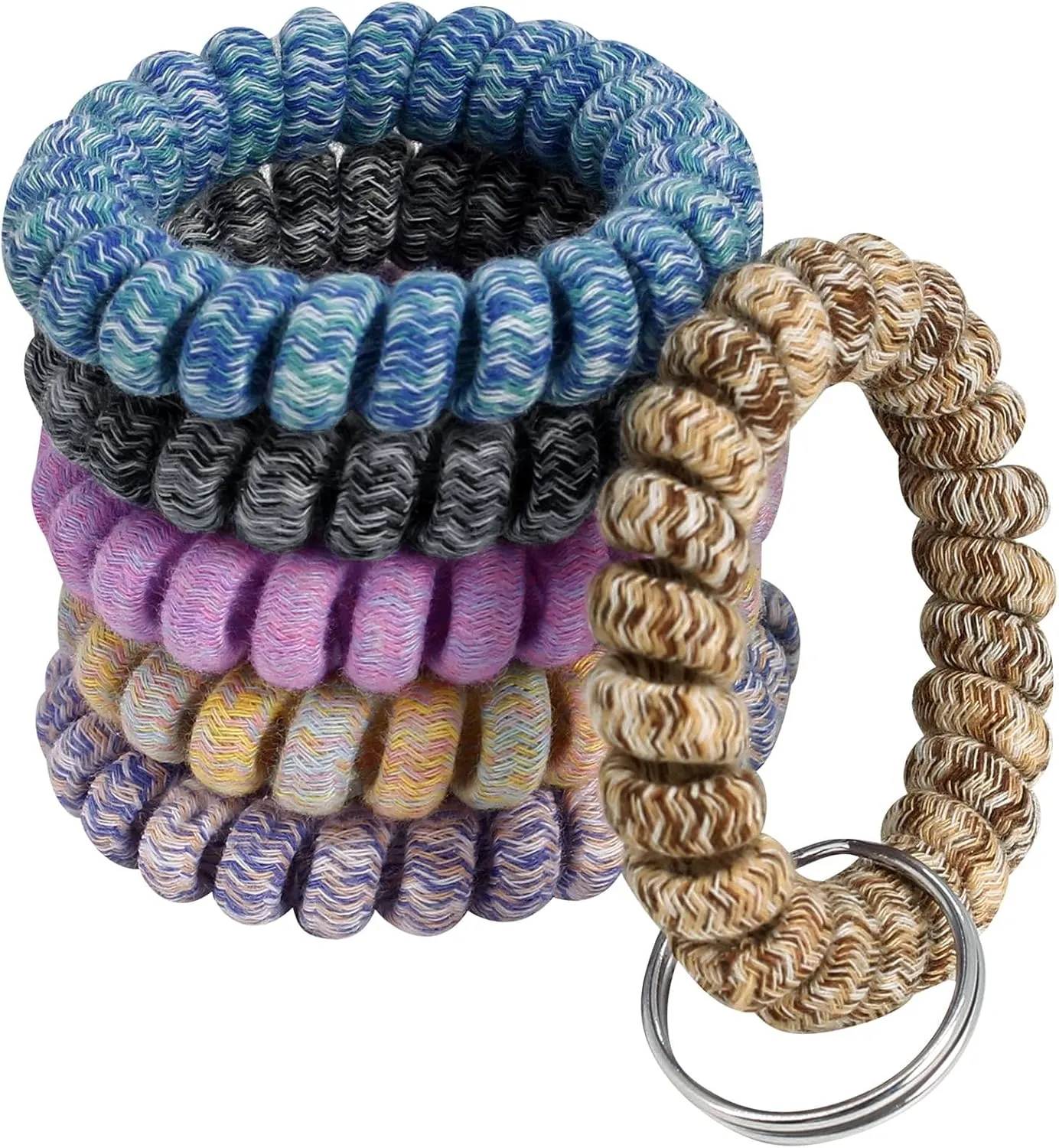 BIHRTC Pack of 6 Keychain Bracelet Wristlet Wrist Key Chain Holder Spring Wristband Flexible Spiral Wrist Coil Spring Stretchable Spiral Key Rings for Gym Pool ID Badge Sports