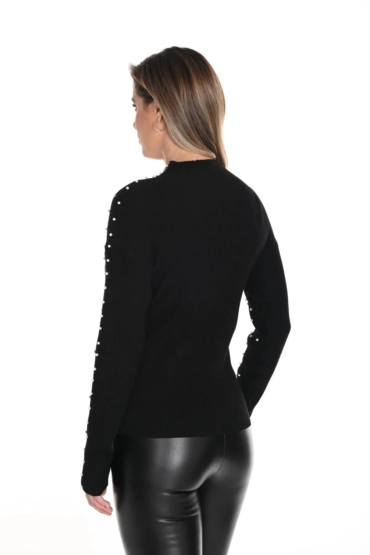 Binita Black Mock Neck Sweater with Pearl and Rhinestone Embellishments-Frank Lyman 243499U