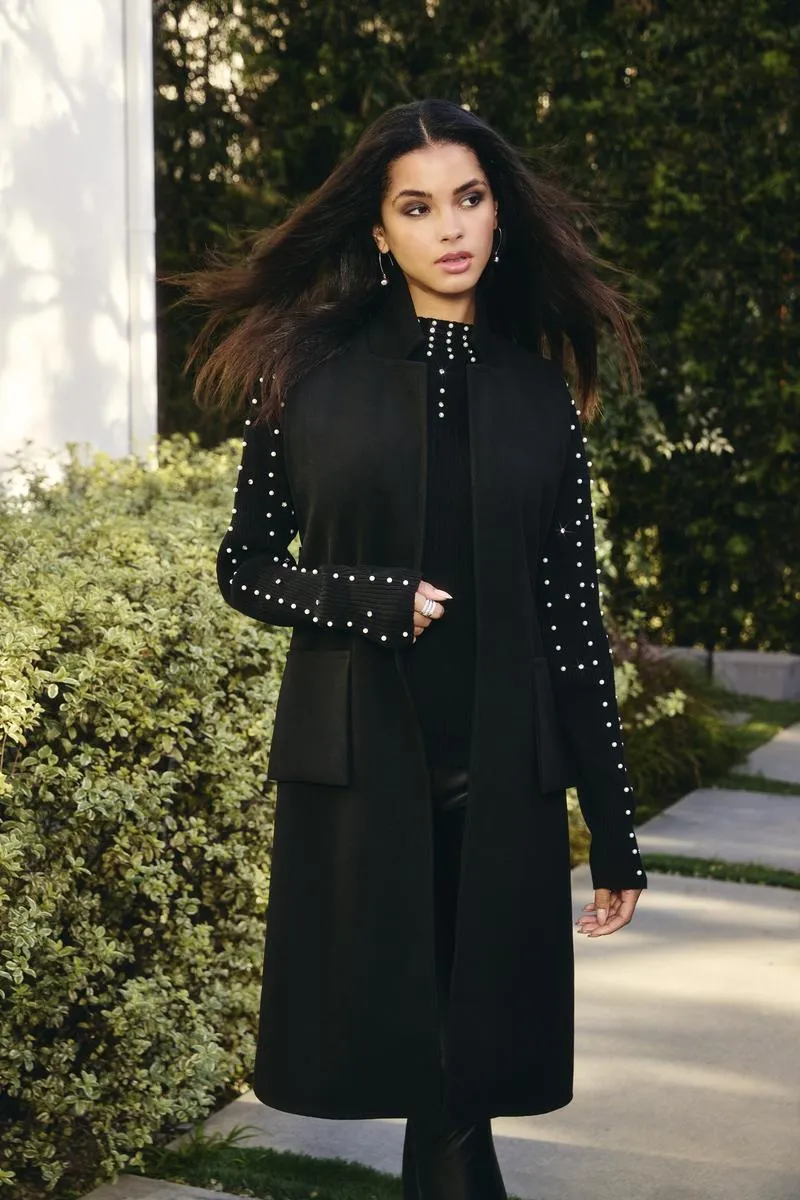 Binita Black Mock Neck Sweater with Pearl and Rhinestone Embellishments-Frank Lyman 243499U