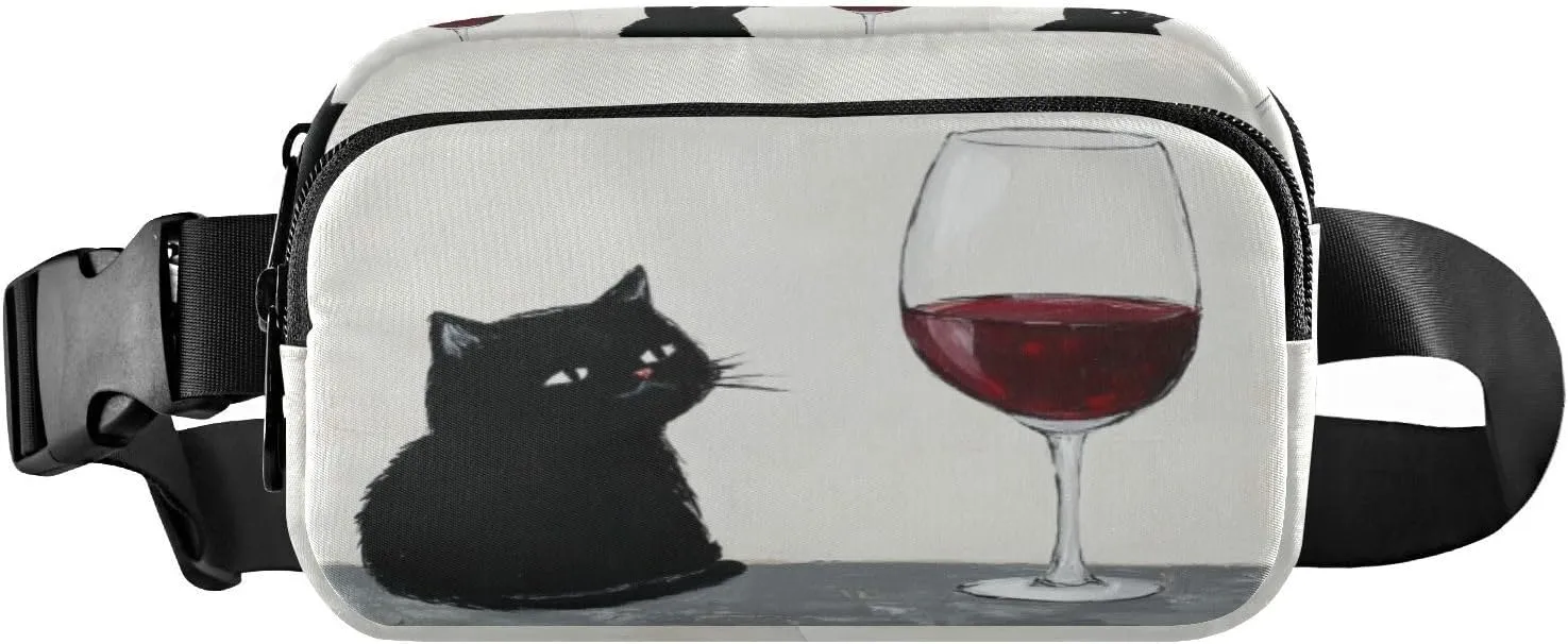 Black Cat Wineglass Neutral Fanny Packs for Women Girls Crossbody Bags Everywhere Belt Bag with Adjustable Strap Fashion Waist Pack for Travel Shopping Running