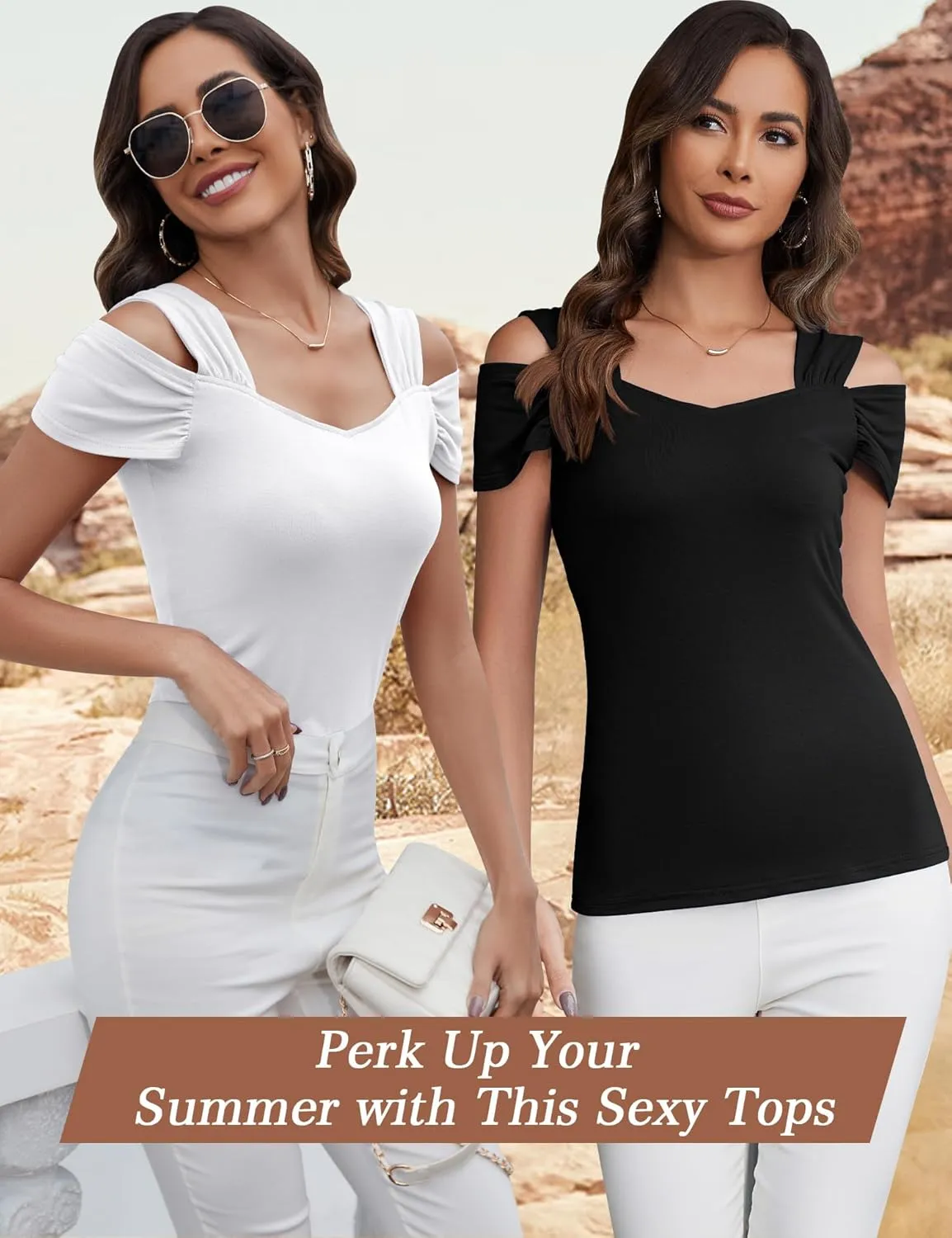 Blingfit Cold Shoulder Tops Tunic Summer Slim Fit Shirts for Women V Neck Short Sleeve Casual Tees Workout Tops