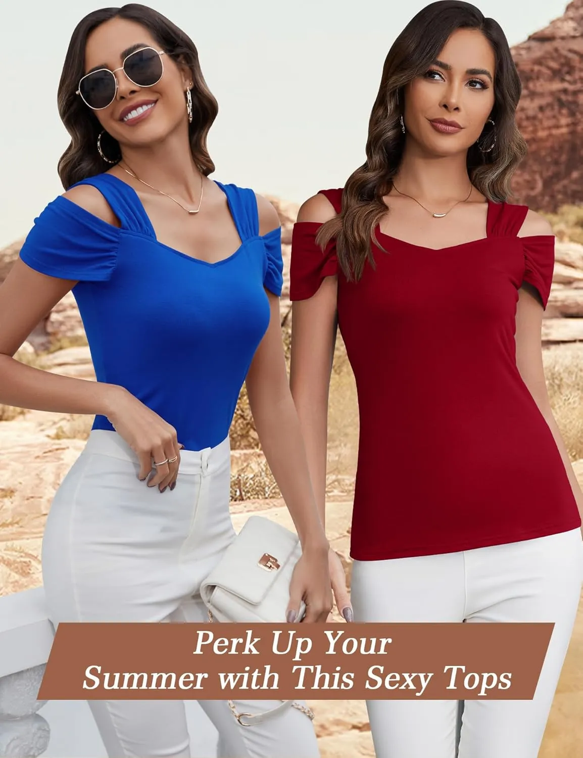 Blingfit Cold Shoulder Tops Tunic Summer Slim Fit Shirts for Women V Neck Short Sleeve Casual Tees Workout Tops