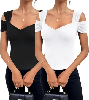 Blingfit Cold Shoulder Tops Tunic Summer Slim Fit Shirts for Women V Neck Short Sleeve Casual Tees Workout Tops