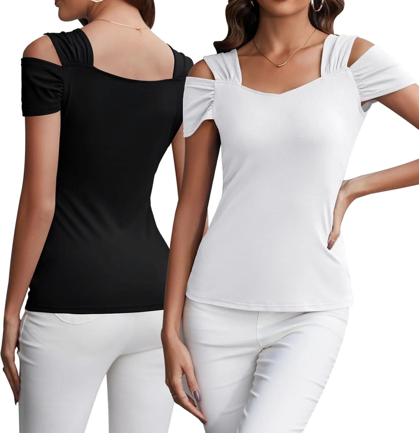 Blingfit Cold Shoulder Tops Tunic Summer Slim Fit Shirts for Women V Neck Short Sleeve Casual Tees Workout Tops