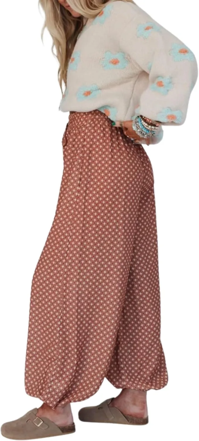 Boho Wide Leg Pants for Women  High Waisted Drawstring Joggers with Pockets Loose Lounge Pants