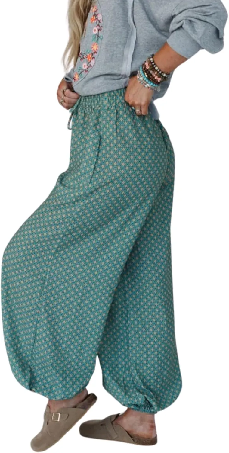 Boho Wide Leg Pants for Women  High Waisted Drawstring Joggers with Pockets Loose Lounge Pants
