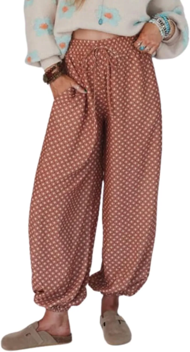 Boho Wide Leg Pants for Women  High Waisted Drawstring Joggers with Pockets Loose Lounge Pants