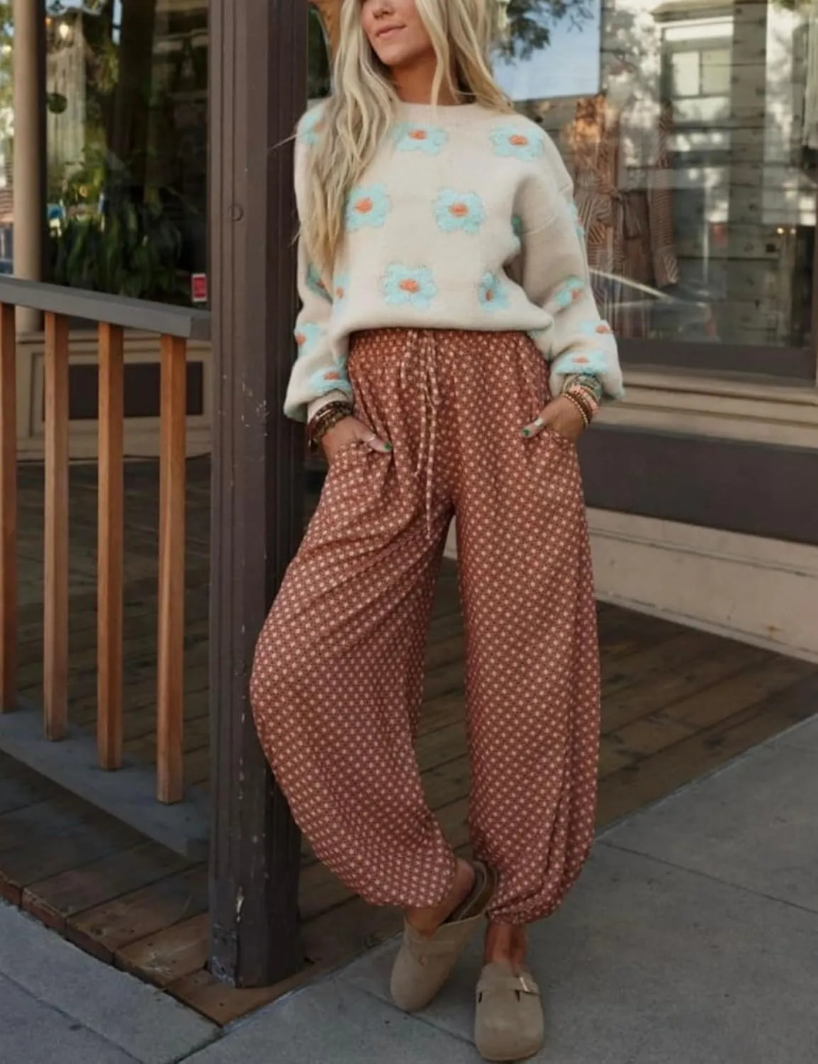 Boho Wide Leg Pants for Women  High Waisted Drawstring Joggers with Pockets Loose Lounge Pants