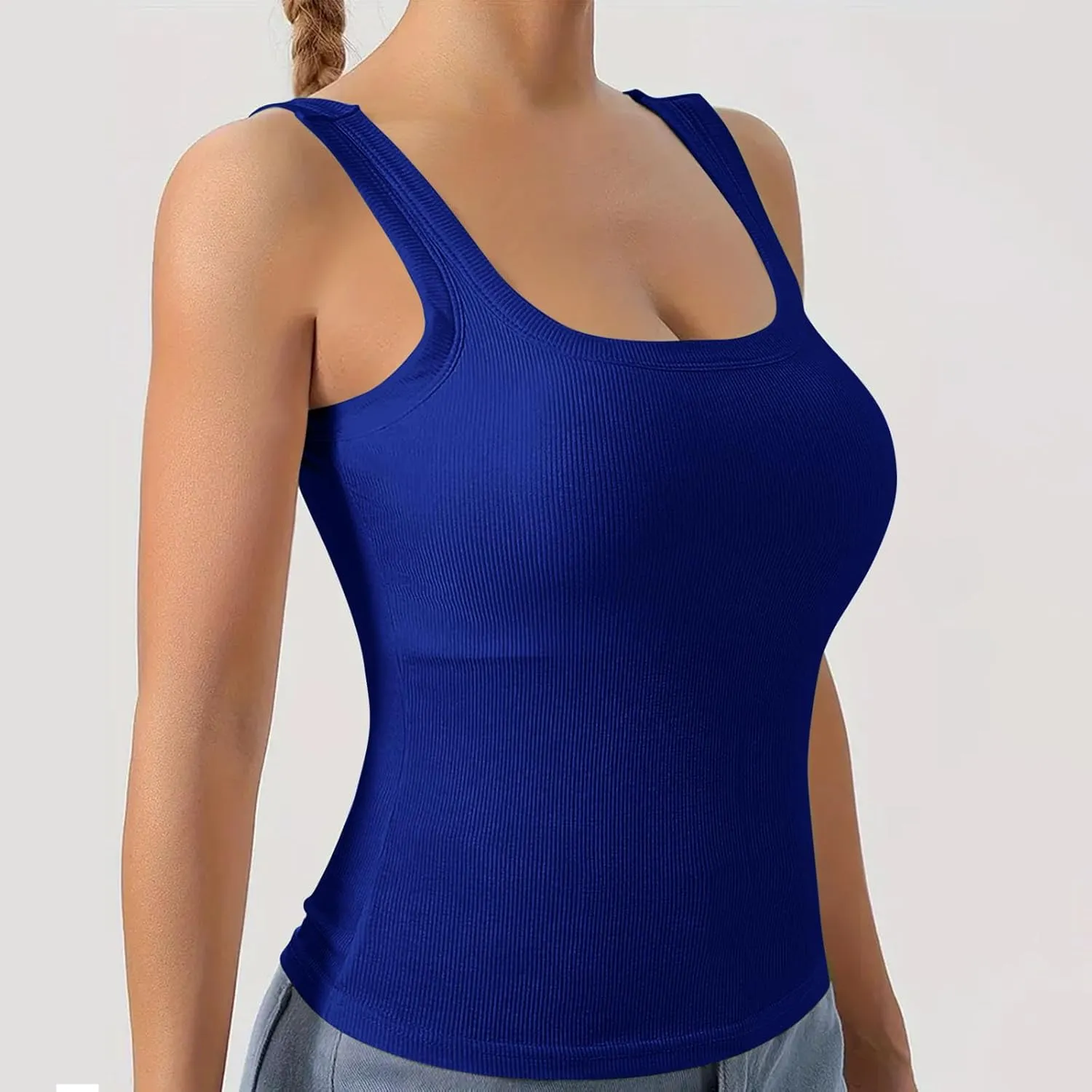 Built in Bra Tank Tops for Women 2024 Summer Casual Ribbed Knit Camisole U Neck Sleeveless Padded Workout Tops