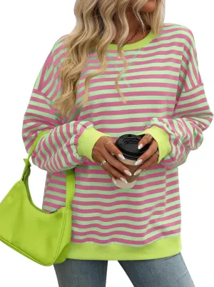 CASURESS Women Striped Oversized Sweatshirt Long Sleeve Crewneck Shirts Fall Fashion Pullover Sweater