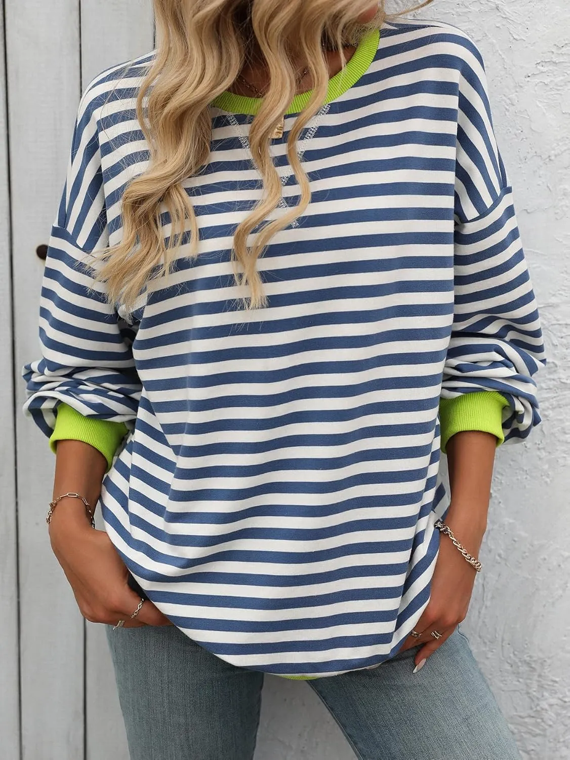 CASURESS Women Striped Oversized Sweatshirt Long Sleeve Crewneck Shirts Fall Fashion Pullover Sweater