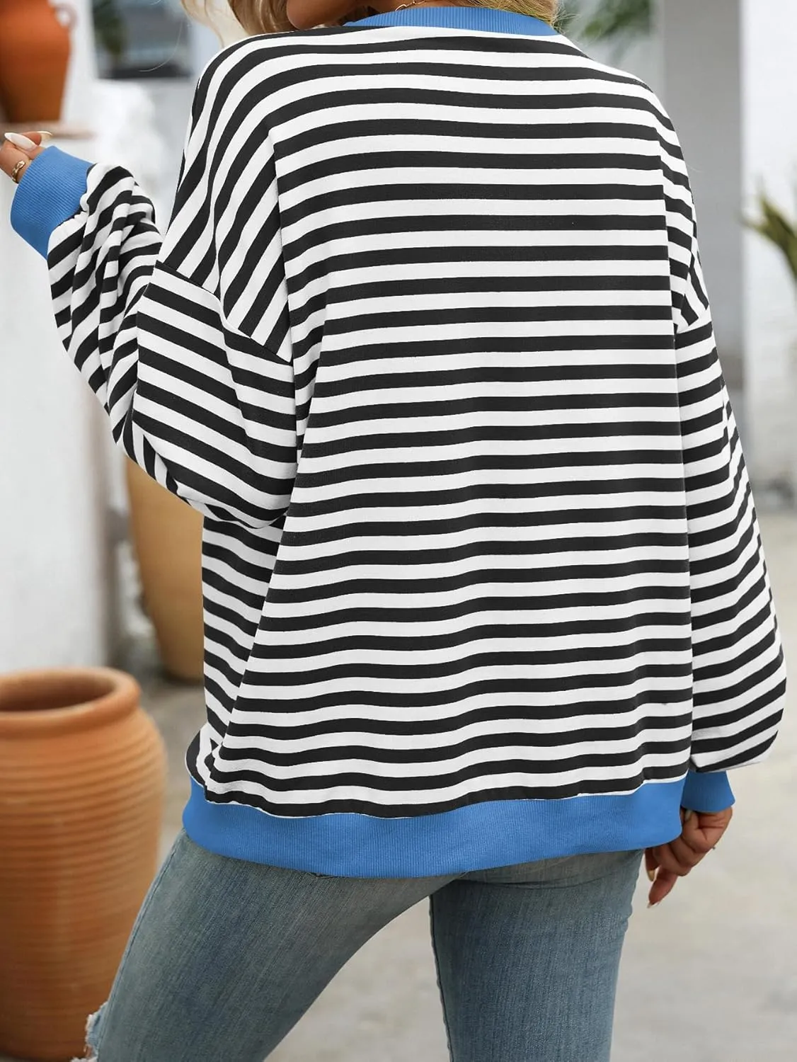 CASURESS Women Striped Oversized Sweatshirt Long Sleeve Crewneck Shirts Fall Fashion Pullover Sweater