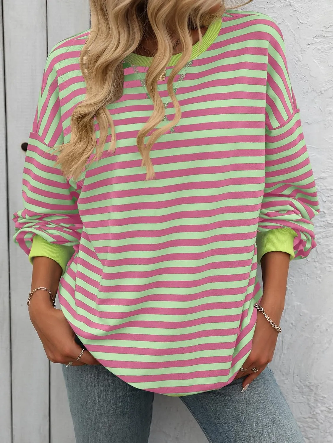 CASURESS Women Striped Oversized Sweatshirt Long Sleeve Crewneck Shirts Fall Fashion Pullover Sweater