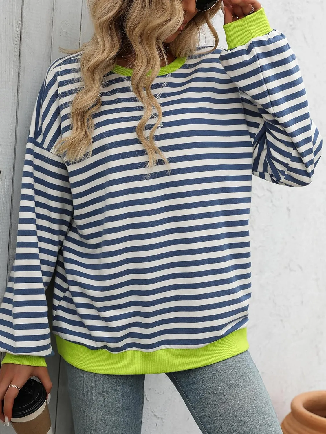 CASURESS Women Striped Oversized Sweatshirt Long Sleeve Crewneck Shirts Fall Fashion Pullover Sweater