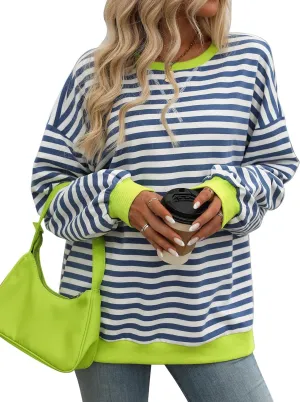 CASURESS Women Striped Oversized Sweatshirt Long Sleeve Crewneck Shirts Fall Fashion Pullover Sweater