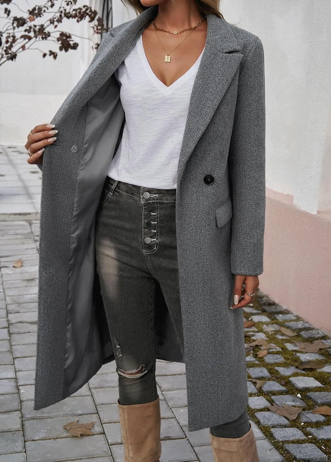 CHARTOU Women Elegant Lapel Tweed Pea Coats Trench Long Wool Double Breasted Casual Office Overcoat Winter