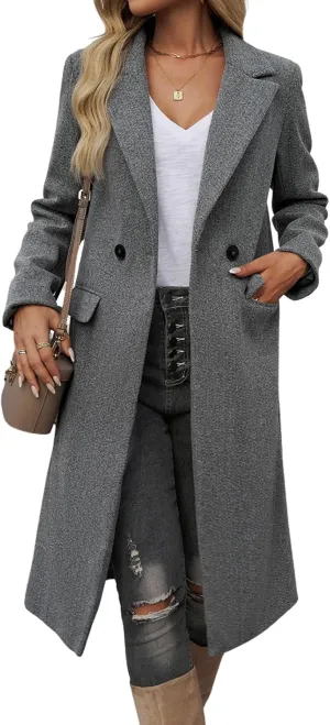 CHARTOU Women Elegant Lapel Tweed Pea Coats Trench Long Wool Double Breasted Casual Office Overcoat Winter