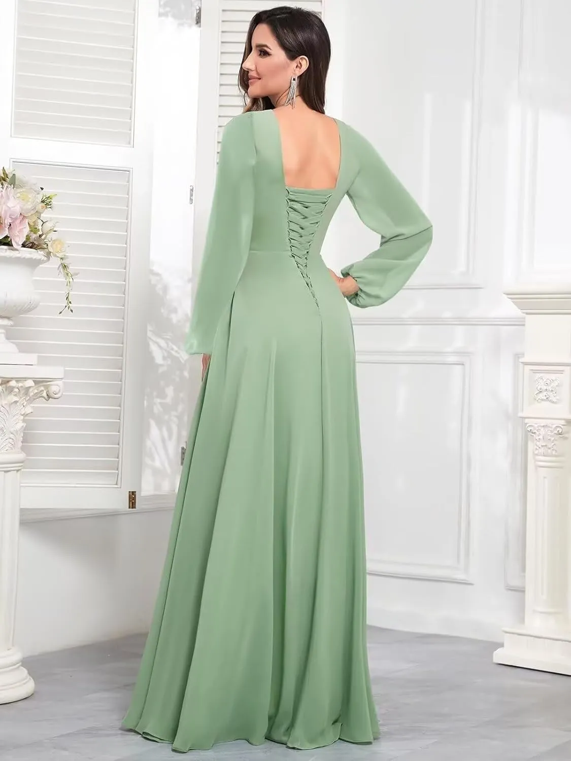 Chiffon Long Sleeve Bridesmaid Dresses Long Formal Evening Gown Pleated V Neck Wedding Guest Dress for Women