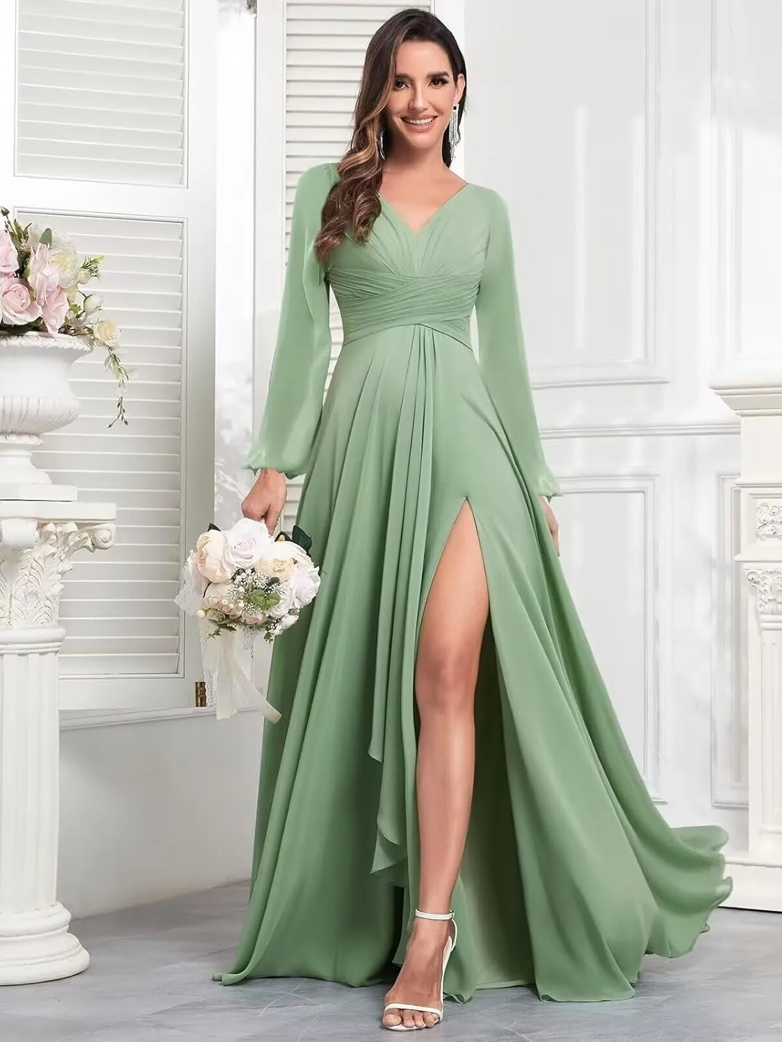 Chiffon Long Sleeve Bridesmaid Dresses Long Formal Evening Gown Pleated V Neck Wedding Guest Dress for Women