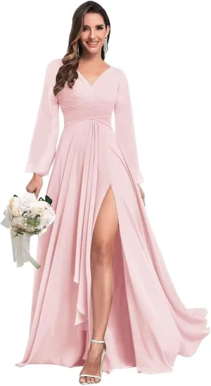 Chiffon Long Sleeve Bridesmaid Dresses Long Formal Evening Gown Pleated V Neck Wedding Guest Dress for Women