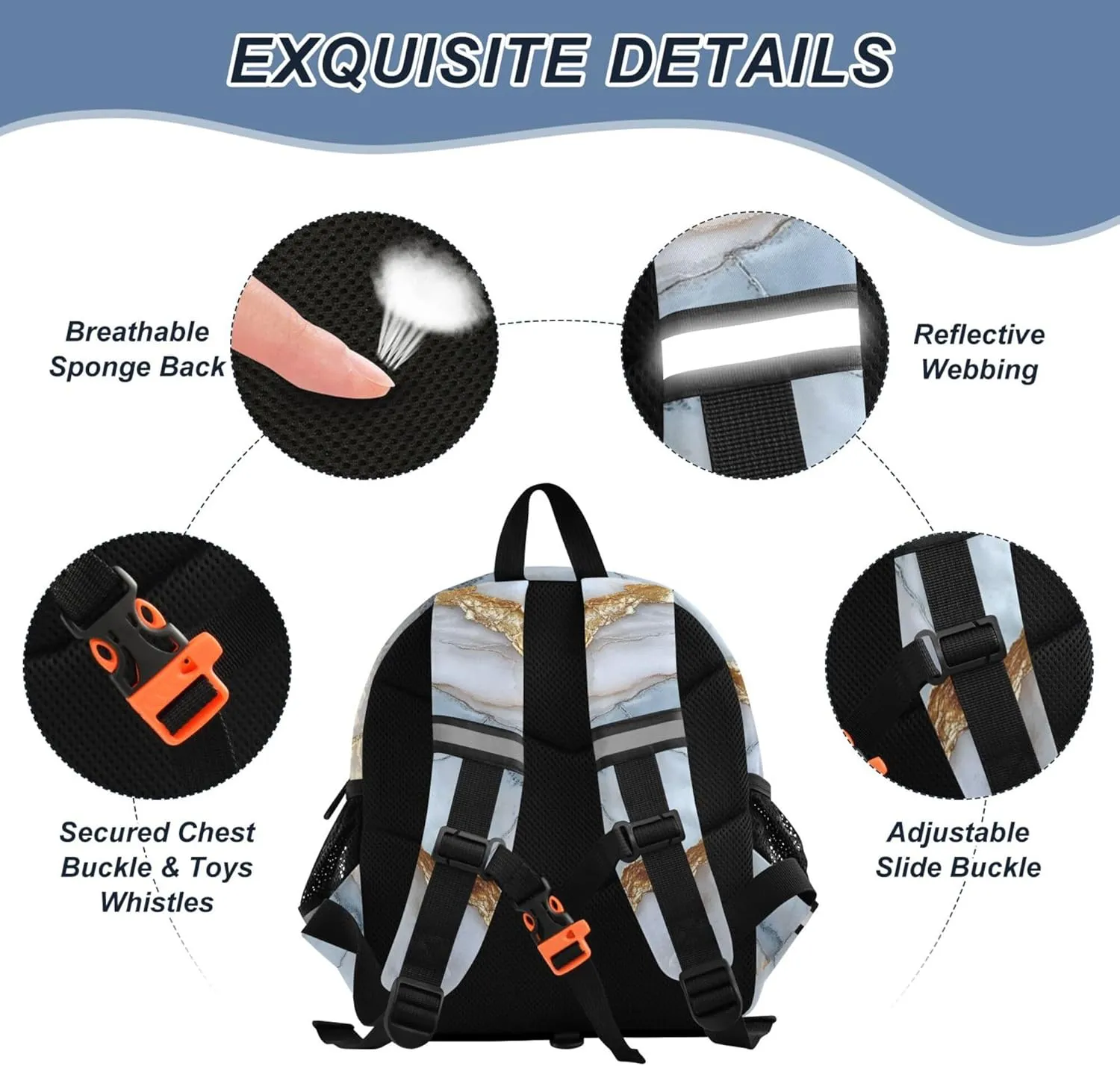 Custom Cute Ears Mini Kids Backpack Leash Boys Girls Anti-Lost Personalized Diaper Bag Backpack with Reflective Strip M Marble Silver Neutral