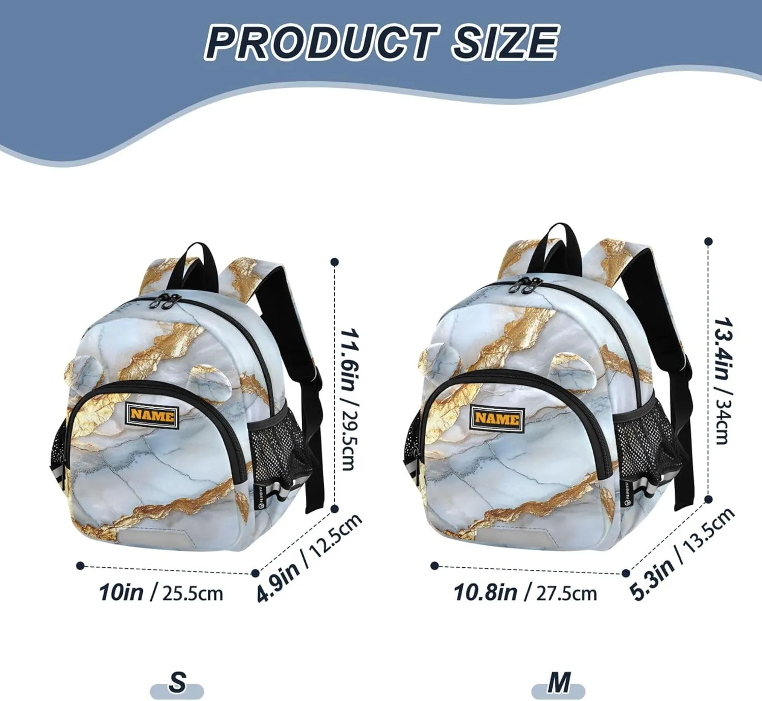 Custom Cute Ears Mini Kids Backpack Leash Boys Girls Anti-Lost Personalized Diaper Bag Backpack with Reflective Strip M Marble Silver Neutral