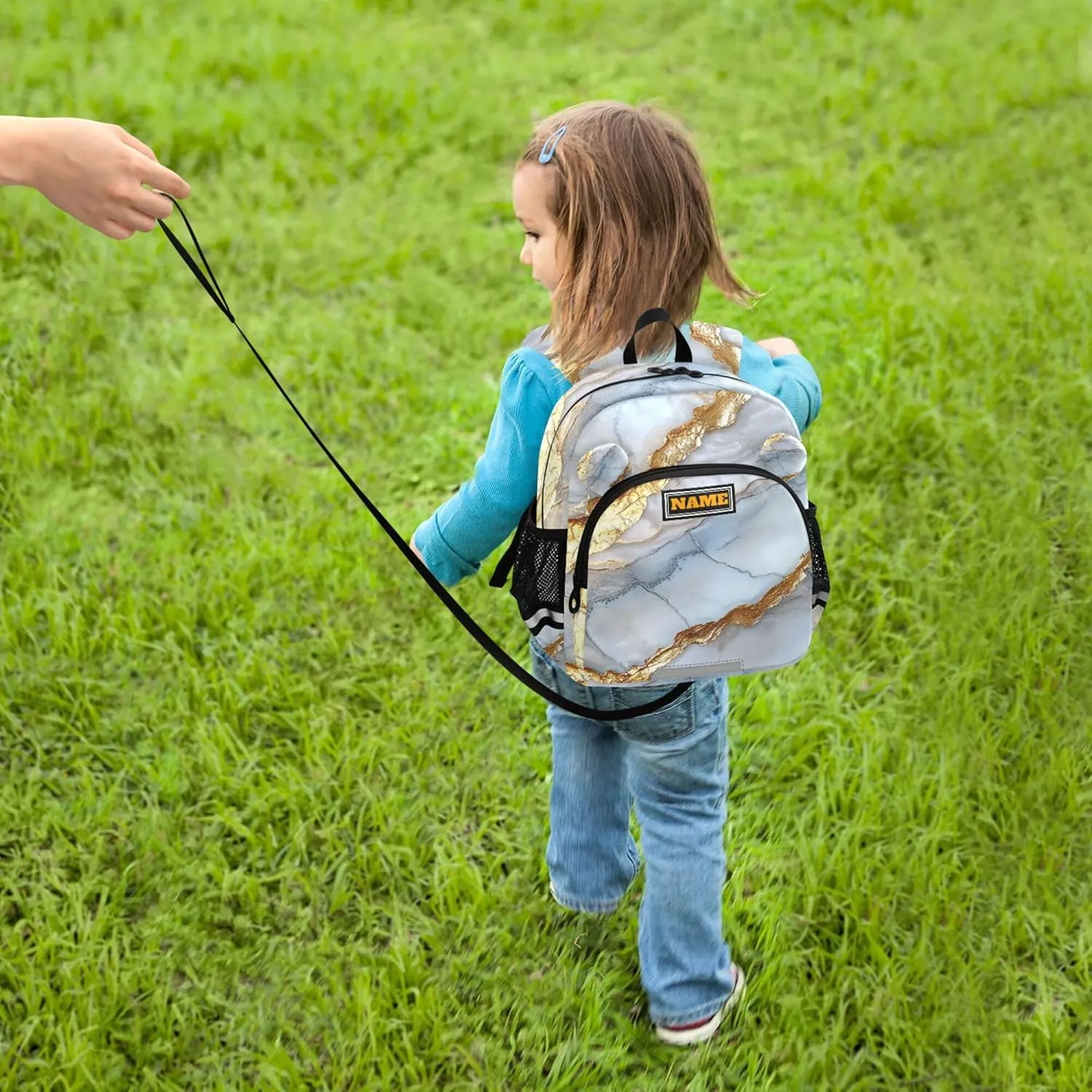 Custom Cute Ears Mini Kids Backpack Leash Boys Girls Anti-Lost Personalized Diaper Bag Backpack with Reflective Strip M Marble Silver Neutral