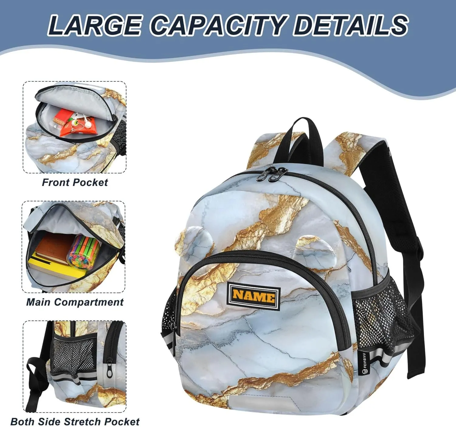 Custom Cute Ears Mini Kids Backpack Leash Boys Girls Anti-Lost Personalized Diaper Bag Backpack with Reflective Strip M Marble Silver Neutral