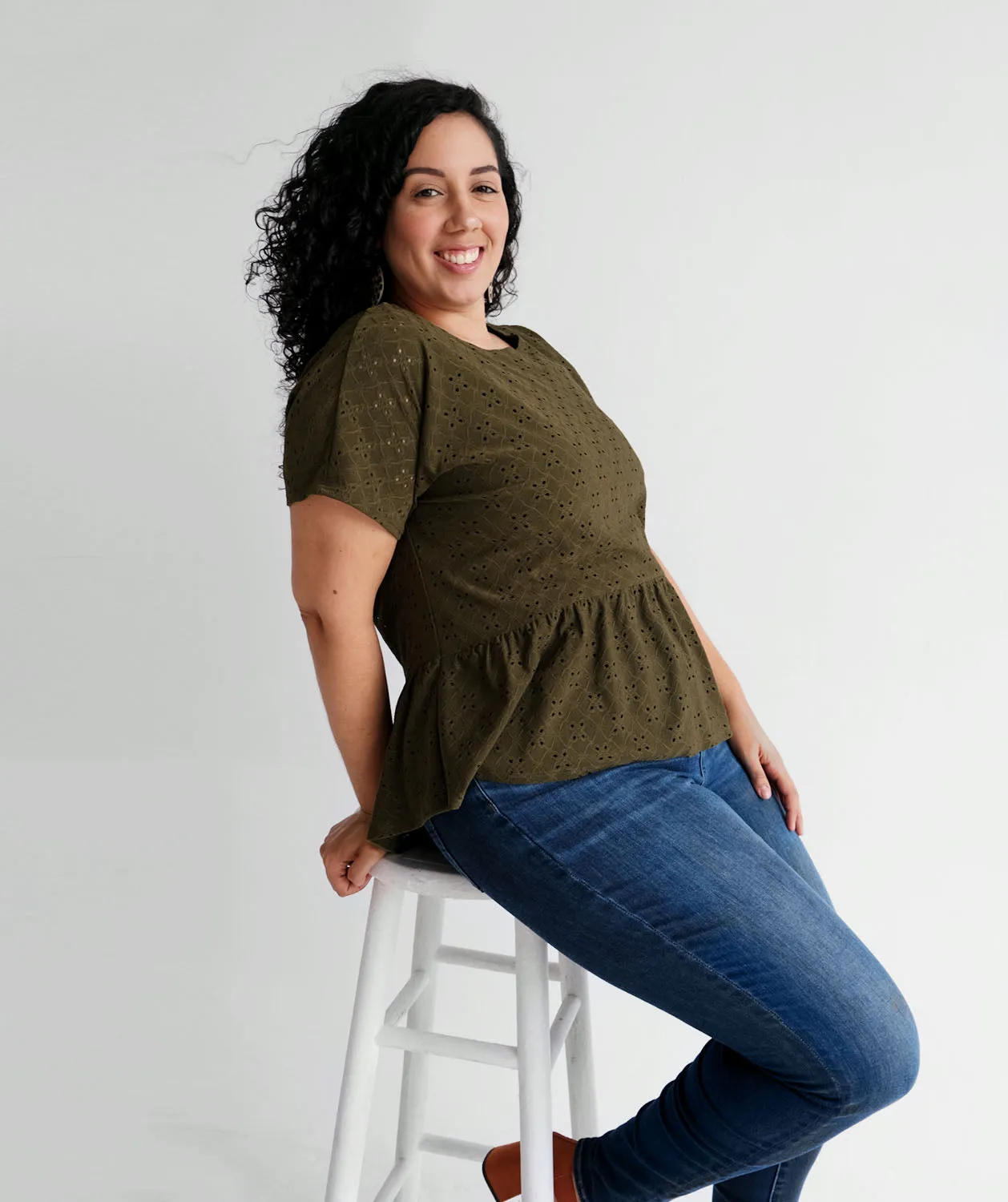 DAHLIA stretch eyelet top in Olive