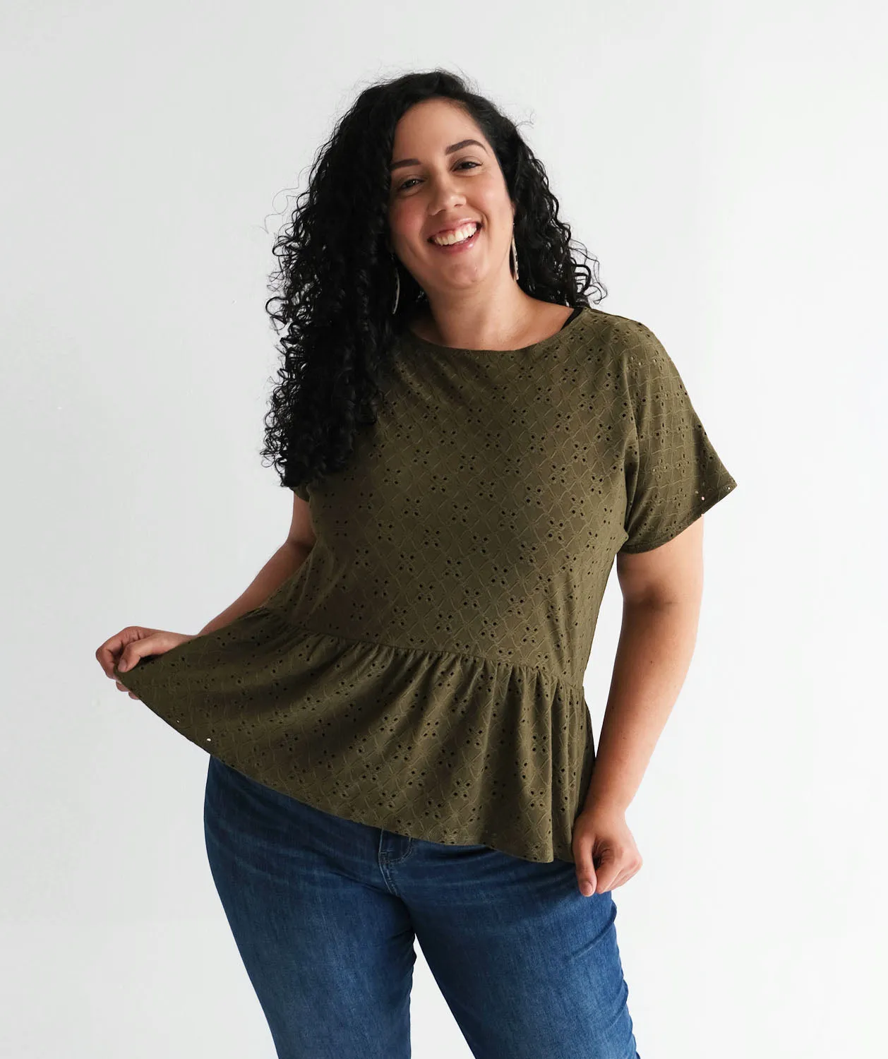 DAHLIA stretch eyelet top in Olive