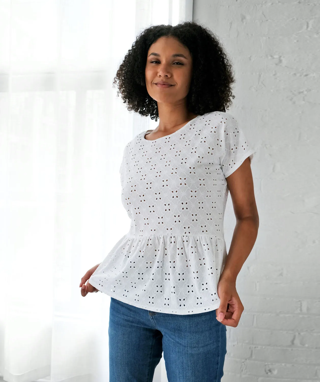 DAHLIA stretch eyelet top in White